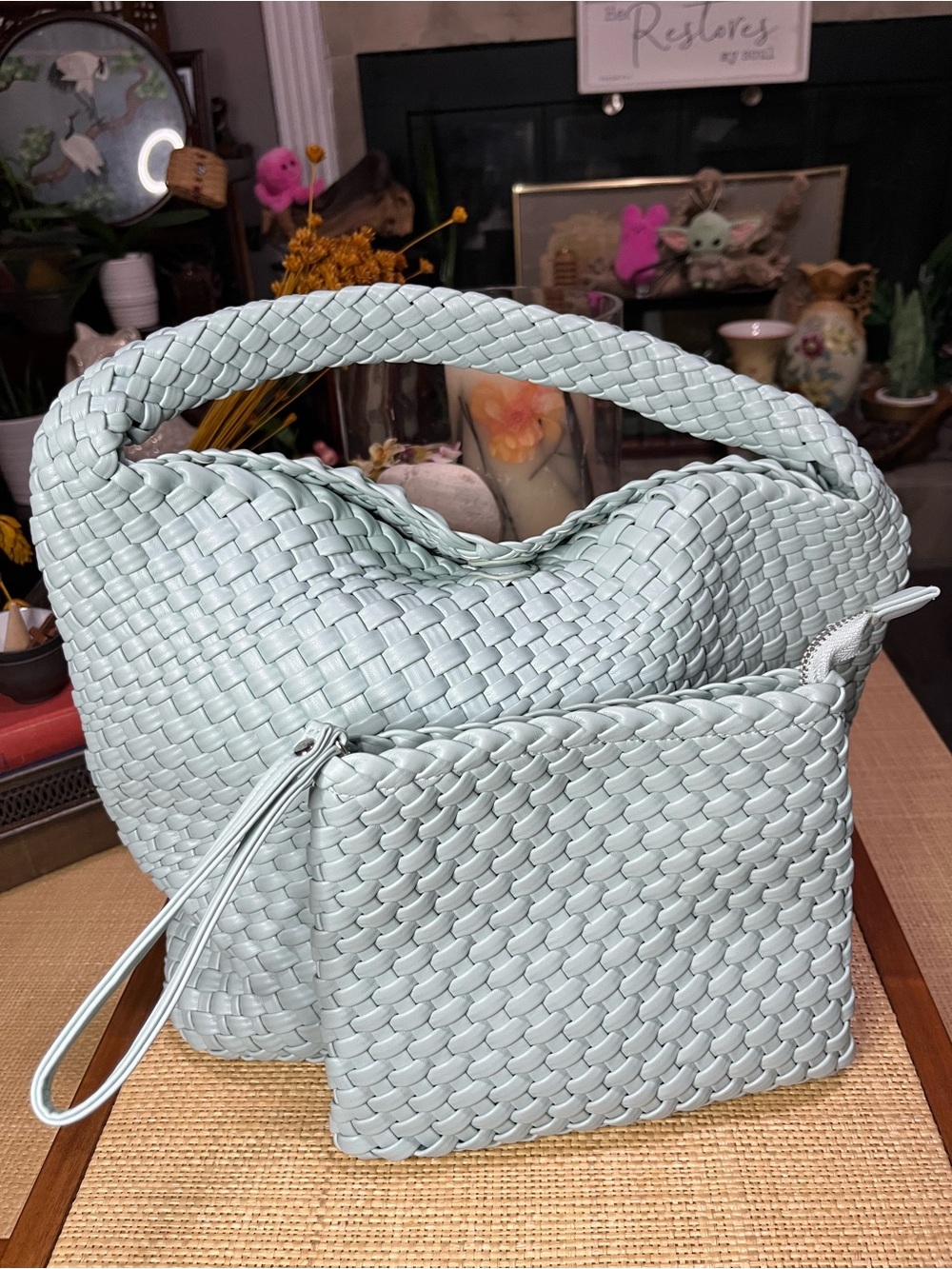 New! Rachel Zoe Woven Hobo Bag with Matching Pouch - Mint Green